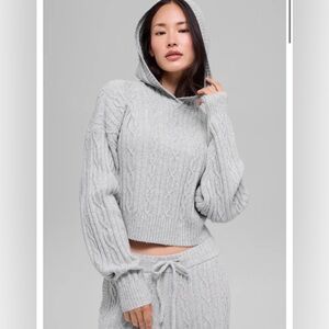 Alo Cable Knit Winter Bliss Hoodie Sweater Heather Grey Medium